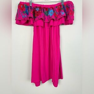 Umgee Tunic Top Womens Medium Pink Off-Shoulder Shirt Floral Embroidery Boho